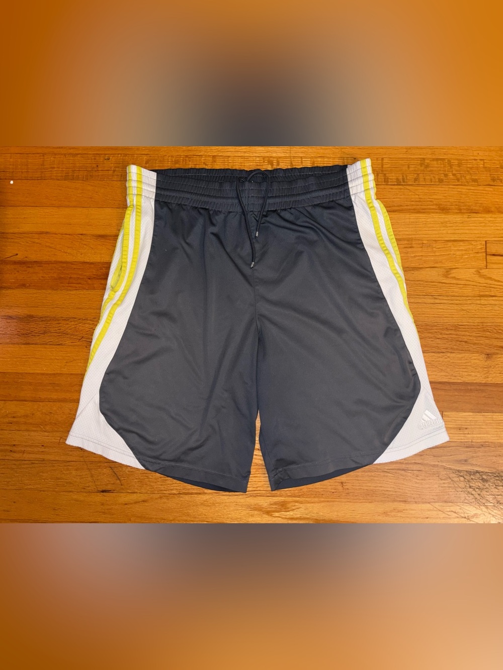Adidas Men’s Athletic Shorts M Gray White Yellow Mesh Panels Drawstring
